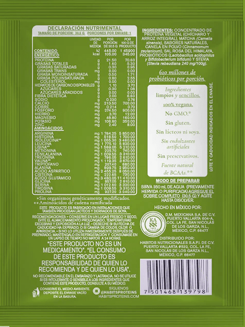HABITS Suplementos Habits, Caja de Proteína Probiótica 16 Sobres de 30.5 g (Matcha Vainilla)