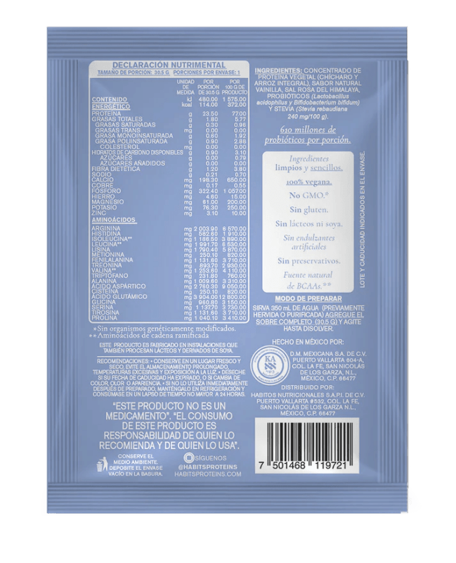 HABITS Suplementos Habits, Caja de Proteína Probiótica 16 Sobres de 30.5 g (Vainilla)