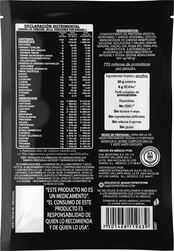HABITS Suplementos Habits, Proteína para Alto Rendimiento 577.5 g 15 Sobres (Cacao)