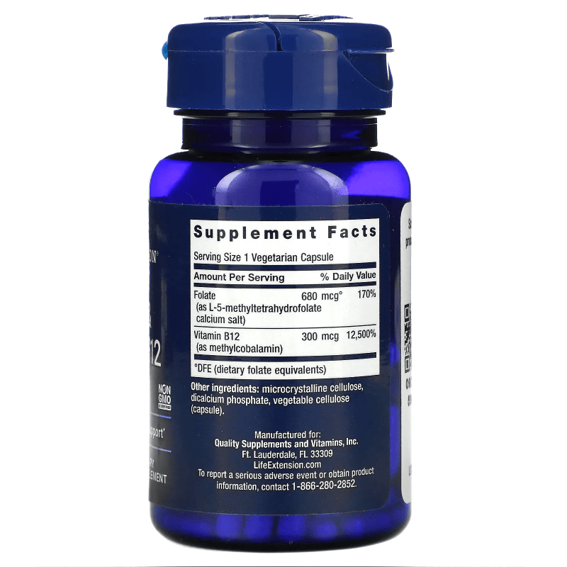 LIFE EXTENSION SUPLEMENTO Life Extension, Folato Bioactivo y Vitamina B-12 (90 cápsulas)