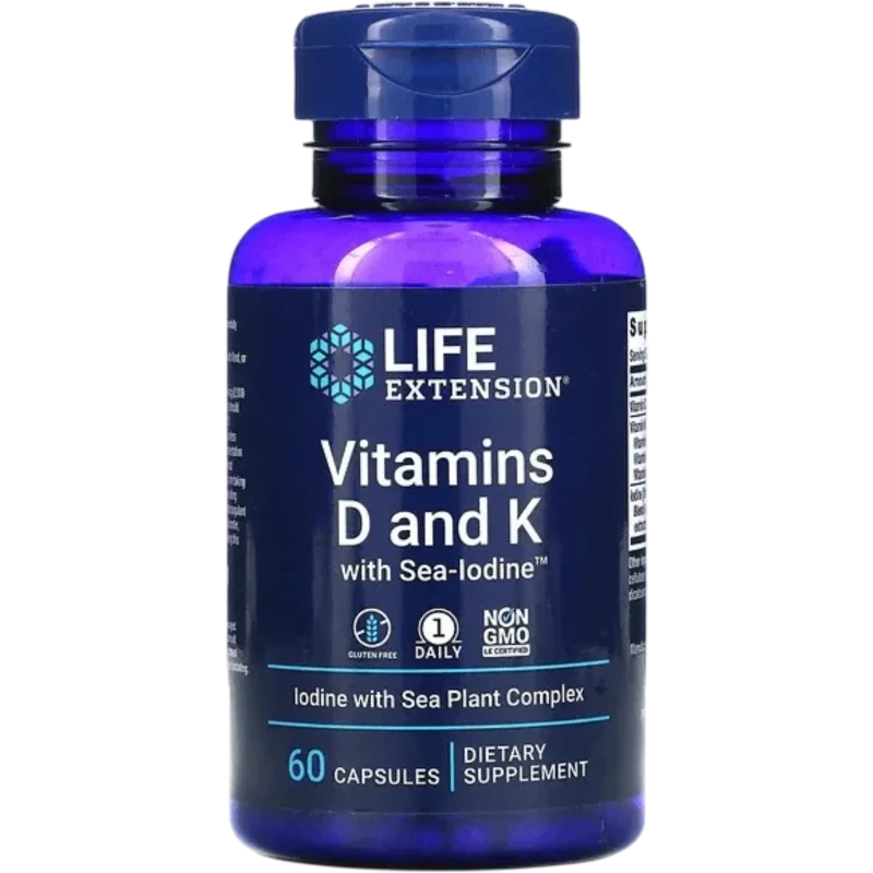 LIFE EXTENSION Vitamina Life Extension, Vitamina K y D-3 con Yodo Sea-lodine™ (60 cápsulas)