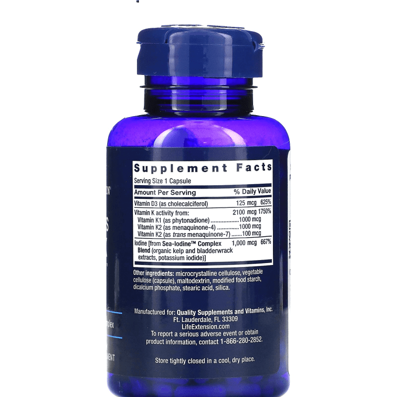 LIFE EXTENSION SUPLEMENTOS Life Extension, Vitamina K y D-3 con Yodo Sea-lodine™ (60 cápsulas)