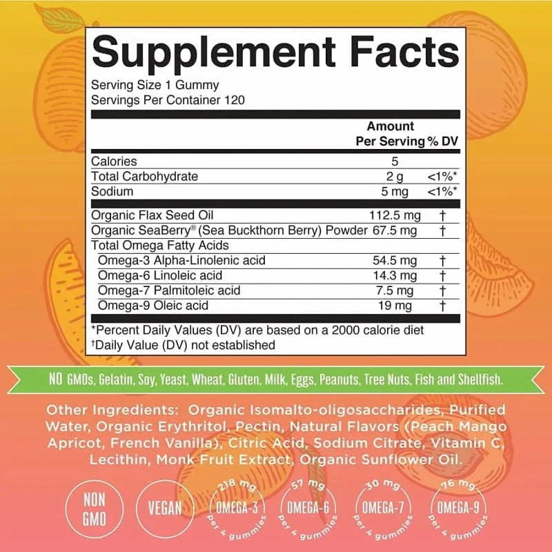 MARY RUTH'S SUPLEMENTO Mary Ruth's, Omega 3-6-7-9 Sabor Durazno Mango (120 gomitas)