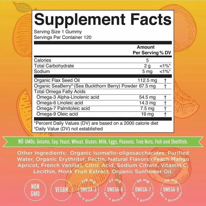 MARY RUTH'S SUPLEMENTO Mary Ruth's, Omega 3-6-7-9 Sabor Durazno Mango (120 gomitas)