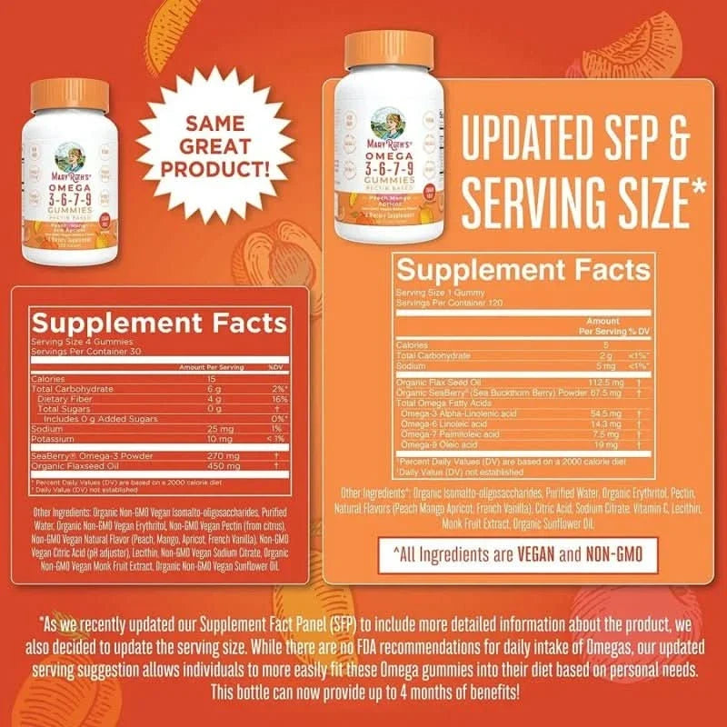 MARY RUTH'S SUPLEMENTO Mary Ruth's, Omega 3-6-7-9 Sabor Durazno Mango (120 gomitas)
