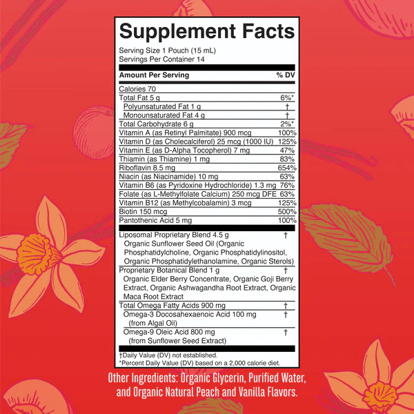 MARY RUTH'S Suplementos Mary Ruth's, Multivitamínico Liposomal Orgánico para Hombres Sabor Vainilla Melocotón, 14 Sobres (0.5 fl oz/15 ml)