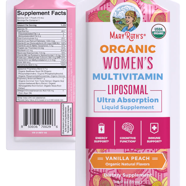 MARY RUTH'S Suplementos Mary Ruth's, Multivitamínico Liposomal para Mujeres Sabor Vainilla Melocotón, 14 Sobres (0.5 fl oz/15 ml)
