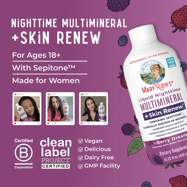 MARY RUTH'S Suplementos , Mujeres Multimineral Nocturno + Renovacion de Piel Sabor Frutos Rojos, Liquido 450 ml (15.22 fl oz), Mary Ruth's