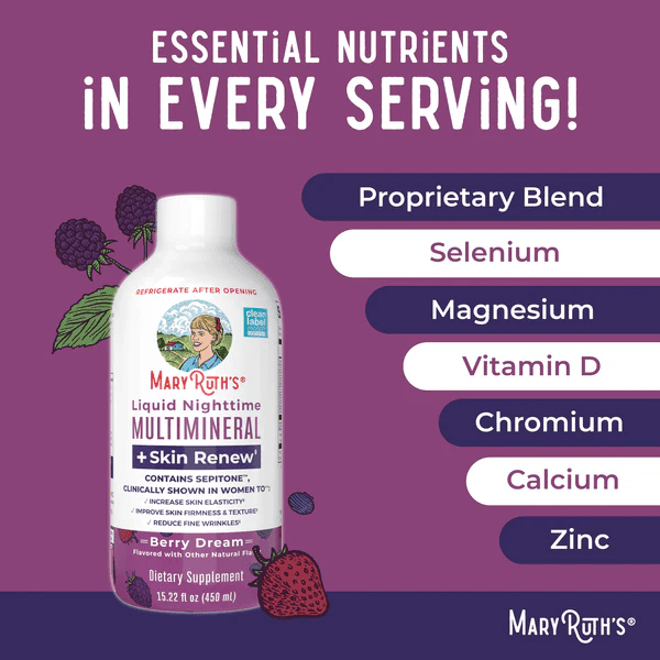 MARY RUTH'S Suplementos , Mujeres Multimineral Nocturno + Renovacion de Piel Sabor Frutos Rojos, Liquido 450 ml (15.22 fl oz), Mary Ruth's