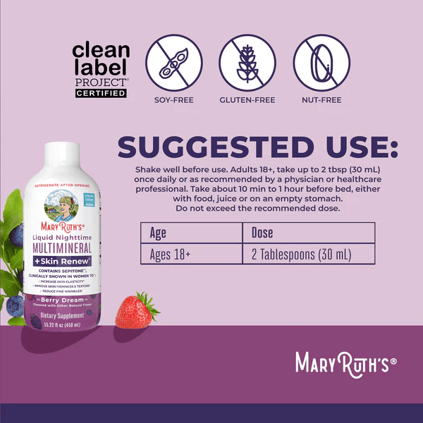 MARY RUTH'S Suplementos , Mujeres Multimineral Nocturno + Renovacion de Piel Sabor Frutos Rojos, Liquido 450 ml (15.22 fl oz), Mary Ruth's