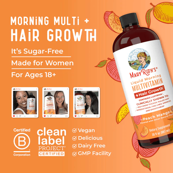 MARY RUTH'S Suplementos Multivitaminico Matutino + Crecimiento del Cabello Sabor Durazno-Mango, Liquido 450 ml (15.22 fl oz), Mary Ruth´s