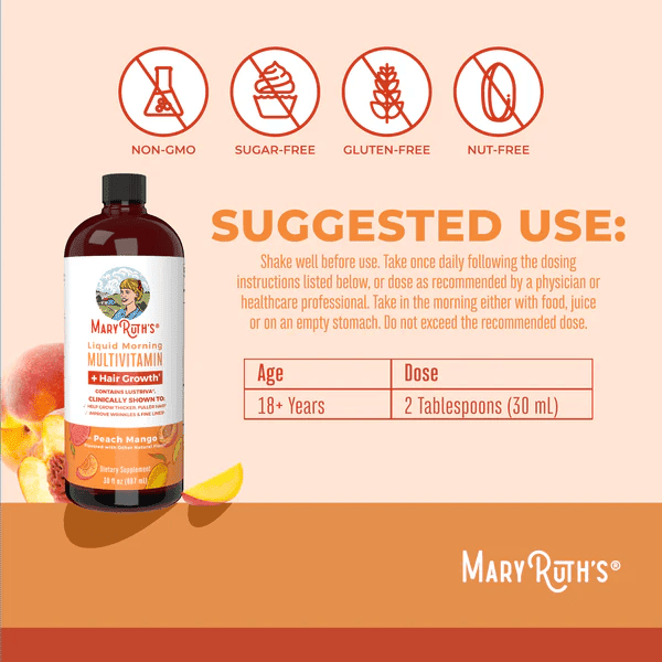 MARY RUTH'S Suplementos Multivitaminico Matutino + Crecimiento del Cabello Sabor Durazno-Mango, Liquido 450 ml (15.22 fl oz), Mary Ruth´s