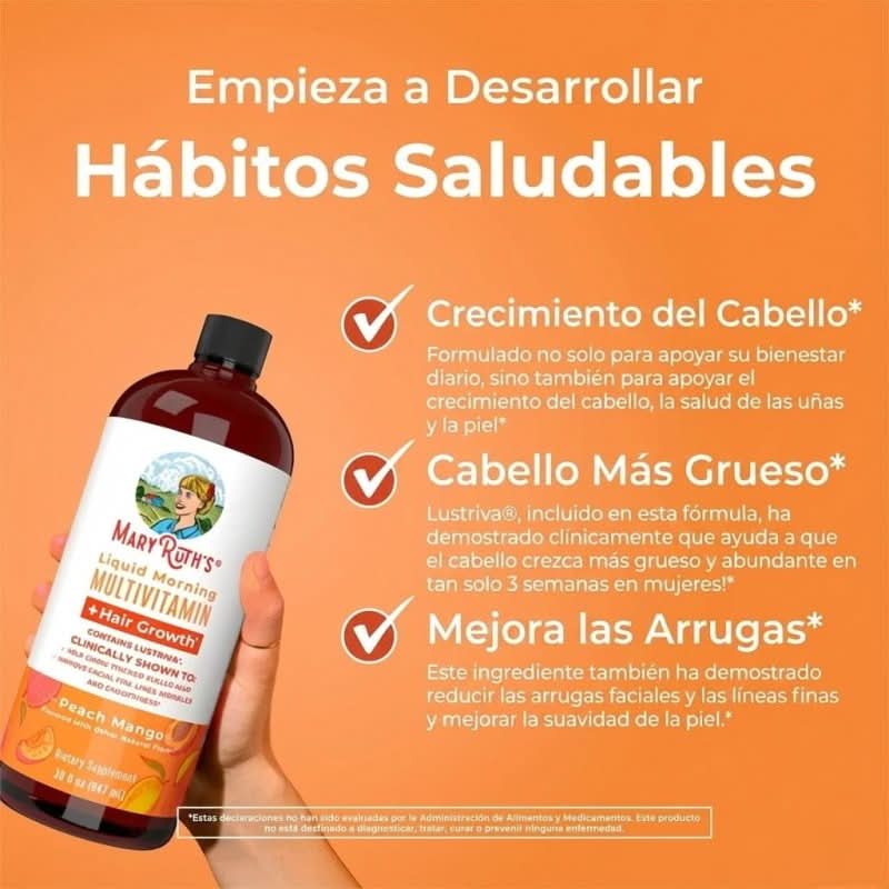 MARY RUTH'S Suplementos Multivitaminico Matutino + Crecimiento del Cabello Sabor Durazno-Mango, Liquido 450 ml (15.22 fl oz), Mary Ruth´s