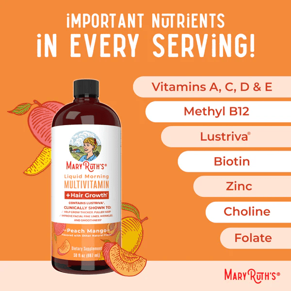 MARY RUTH'S Suplementos Multivitaminico Matutino + Crecimiento del Cabello Sabor Durazno-Mango, Liquido 450 ml (15.22 fl oz), Mary Ruth´s