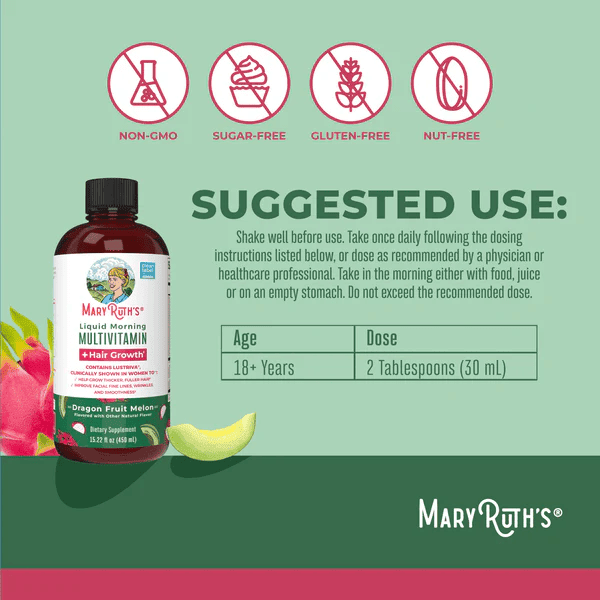 MARY RUTH'S Suplementos Multivitaminico Matutino + Crecimiento del Cabello Sabor Pitaya-Melon, Liquido 450 ml (15.22 fl oz), Mary Ruth's