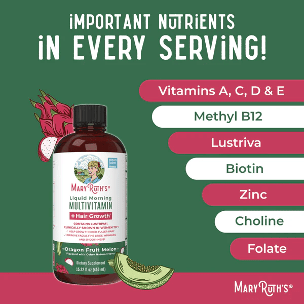 MARY RUTH'S Suplementos Multivitaminico Matutino + Crecimiento del Cabello Sabor Pitaya-Melon, Liquido 450 ml (15.22 fl oz), Mary Ruth's