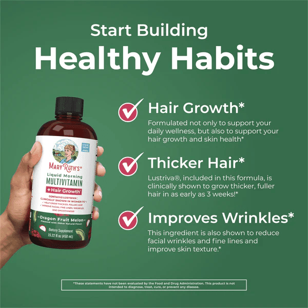 MARY RUTH'S Suplementos Multivitaminico Matutino + Crecimiento del Cabello Sabor Pitaya-Melon, Liquido 450 ml (15.22 fl oz), Mary Ruth's