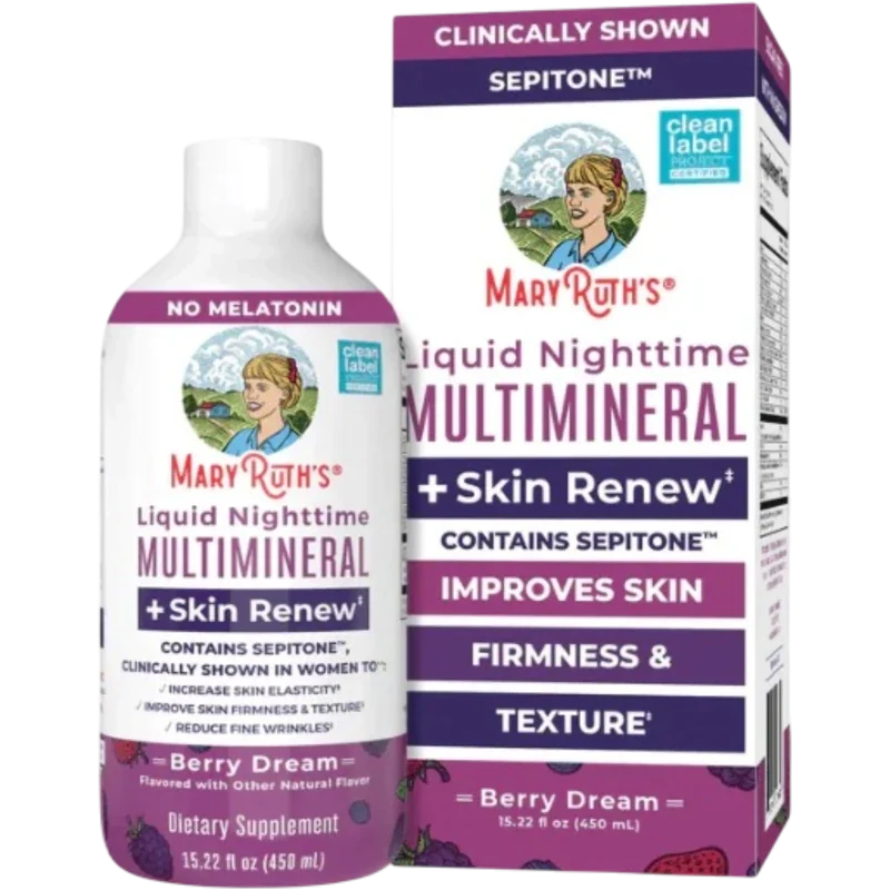 MARY RUTH'S Mineral Mary Ruth's, Multimineral Nocturno + Renovacion de Piel Sabor Frutos Rojos, Liquido 450 ml (15.22 fl oz)