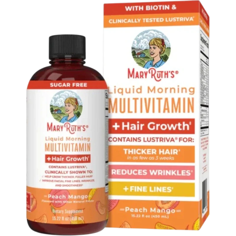 MARY RUTH'S Vitamina Mary Ruth's, Multivitaminico Matutino + Crecimiento del Cabello Sabor Durazno-Mango, Liquido 450 ml (15.22 fl oz)