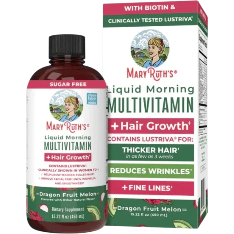 MARY RUTH'S Vitamina Mary Ruth's, Multivitaminico Matutino + Crecimiento del Cabello Sabor Pitaya-Melon, Liquido 450 ml (15.22 fl oz)