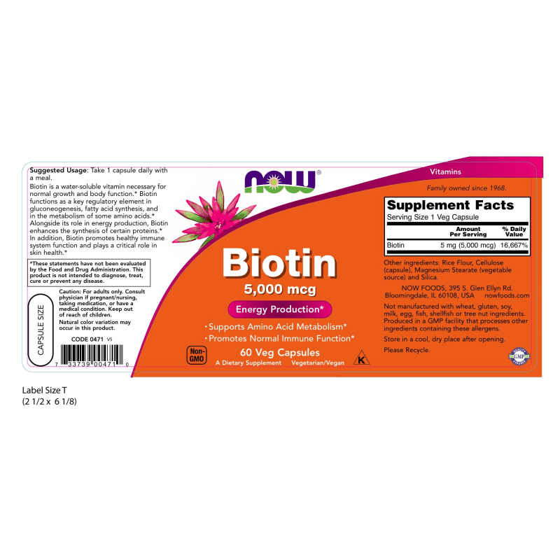 NOW SUPLEMENTOS Now Foods, Biotina 5,000 mcg (60 cápsulas)