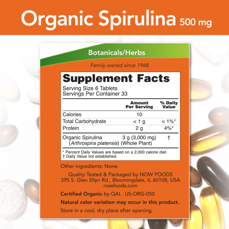 NOW SUPLEMENTOS Now Foods, Espirulina Orgánica Certificada 500 mg (200 tabletas)