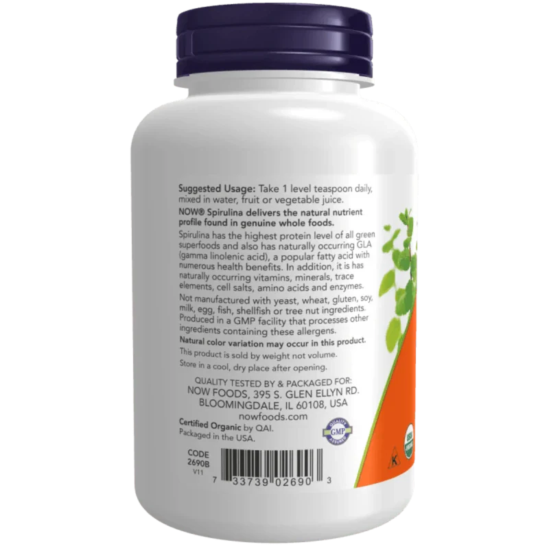 NOW Suplementos Now Foods, Espirulina Orgánica en Polvo 113 g (34 porciones)