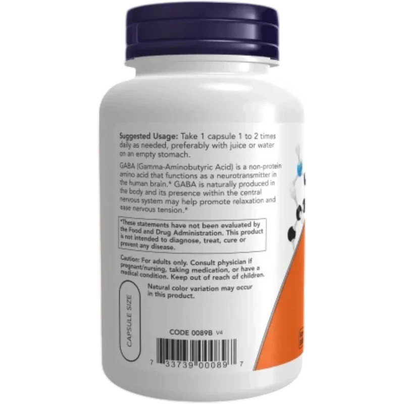 NOW Suplementos Now Foods, GABA 750 mg (100 cápsulas)