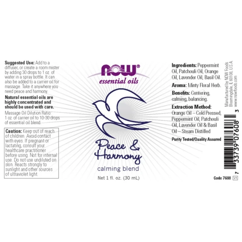 NOW Quemador de Grasa Now Foods, Mezcla Esencial Peace & Harmony (1 fl oz/30 ml)