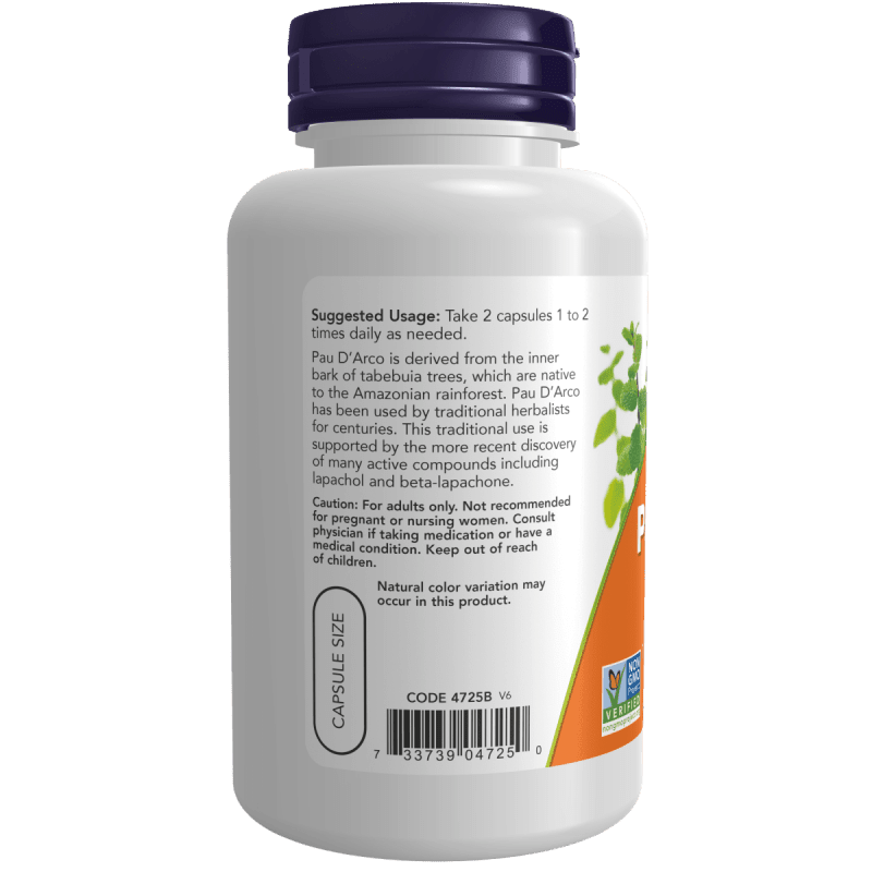 NOW Vitaminas y complementos Now Foods, Pau D'arco 500 mg (100 cápsulas)