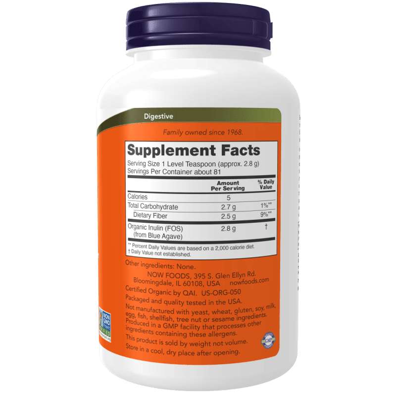 NOW SUPLEMENTOS Now Foods, Polvo de Inulina Prebiótica Orgánica 226 g (81 porciones)