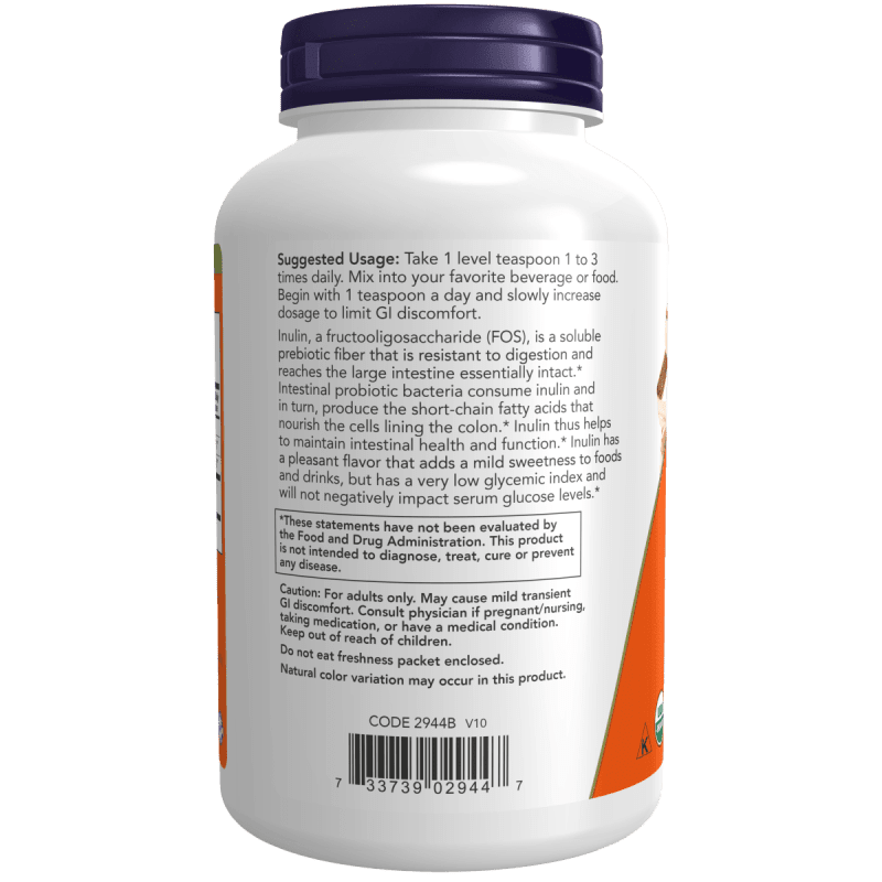 NOW SUPLEMENTOS Now Foods, Polvo de Inulina Prebiótica Orgánica 226 g (81 porciones)