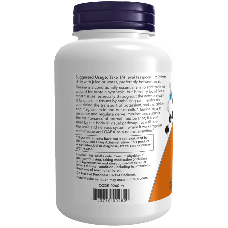 NOW SUPLEMENTOS Now Foods, Taurina Pura en Polvo 227 g (227 porciones)