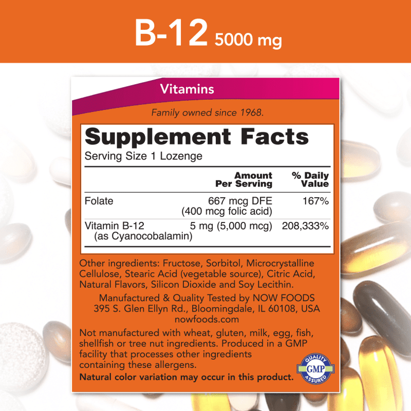 NOW SUPLEMENTOS Now Foods, Vitamina B-12 5,000 mcg (60 pastillass)