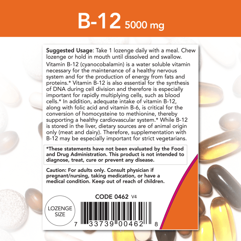 NOW SUPLEMENTOS Now Foods, Vitamina B-12 5,000 mcg (60 pastillass)