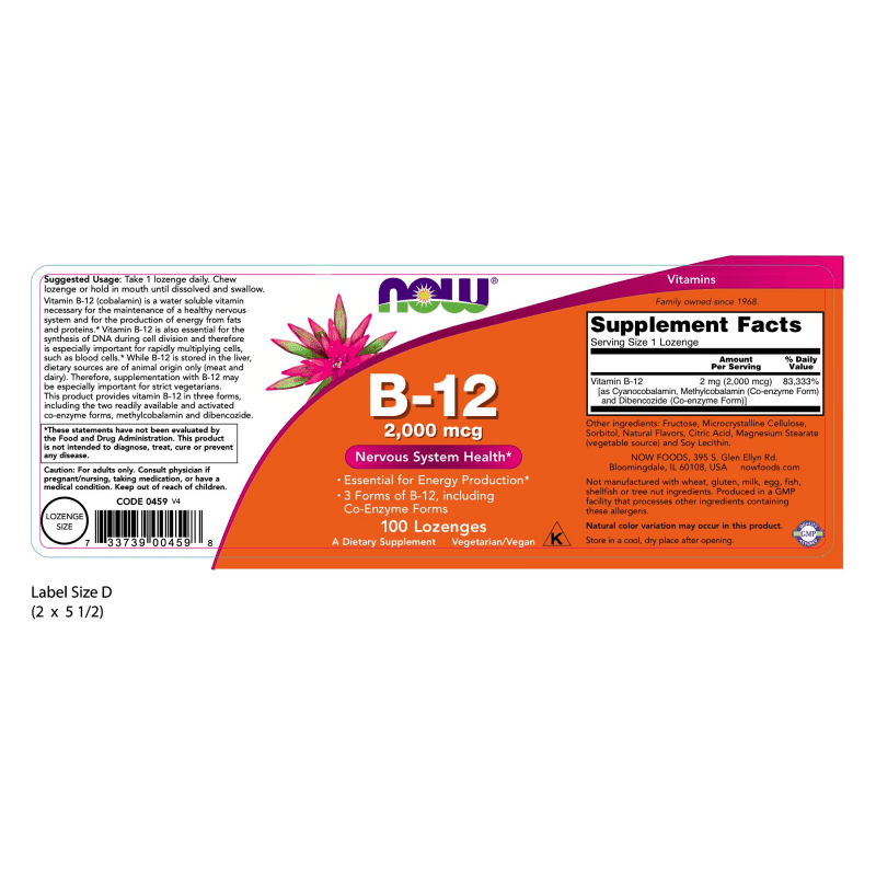 NOW SUPLEMENTOS Now Foods, Vitamina B-12 Sistema Nervioso 2,000 mcg (100 pastillass)