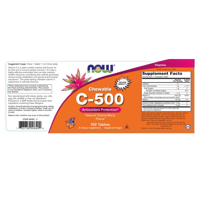 NOW SUPLEMENTOS Now Foods, Vitamina C-500 Sabor Cereza (100 tabletas)