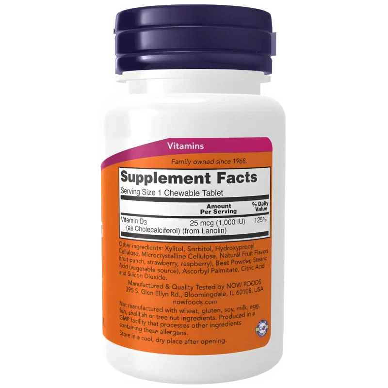 NOW Suplementos Now Foods, Vitamina D-3 1,000 UI (180 masticables)