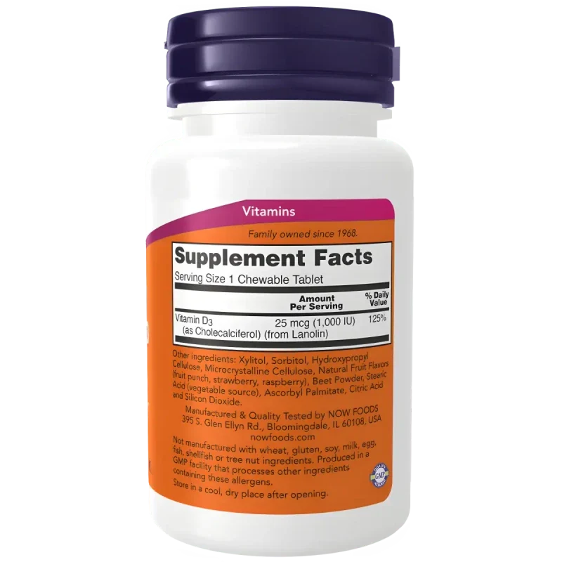NOW Suplementos Now Foods, Vitamina D-3 1,000 UI (180 masticables)