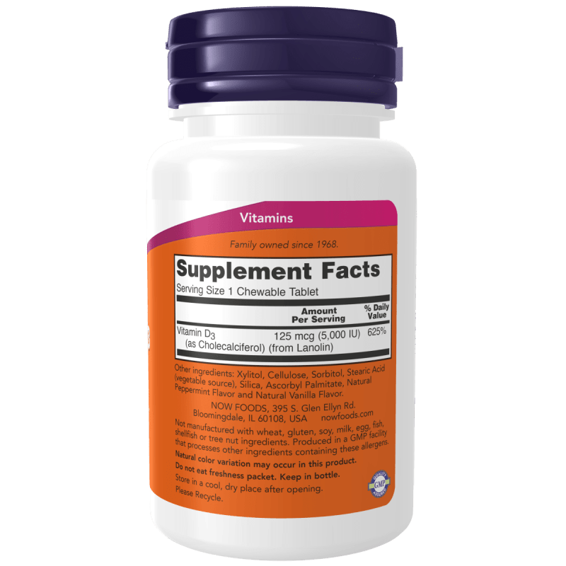 NOW SUPLEMENTOS Now Foods, Vitamina D-3 5,000 UI (120 masticables)