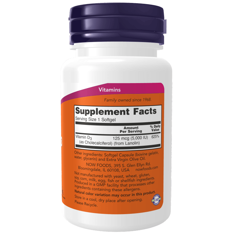 NOW SUPLEMENTOS Now Foods, Vitamina D-3 5,000 UI (120 softgels)