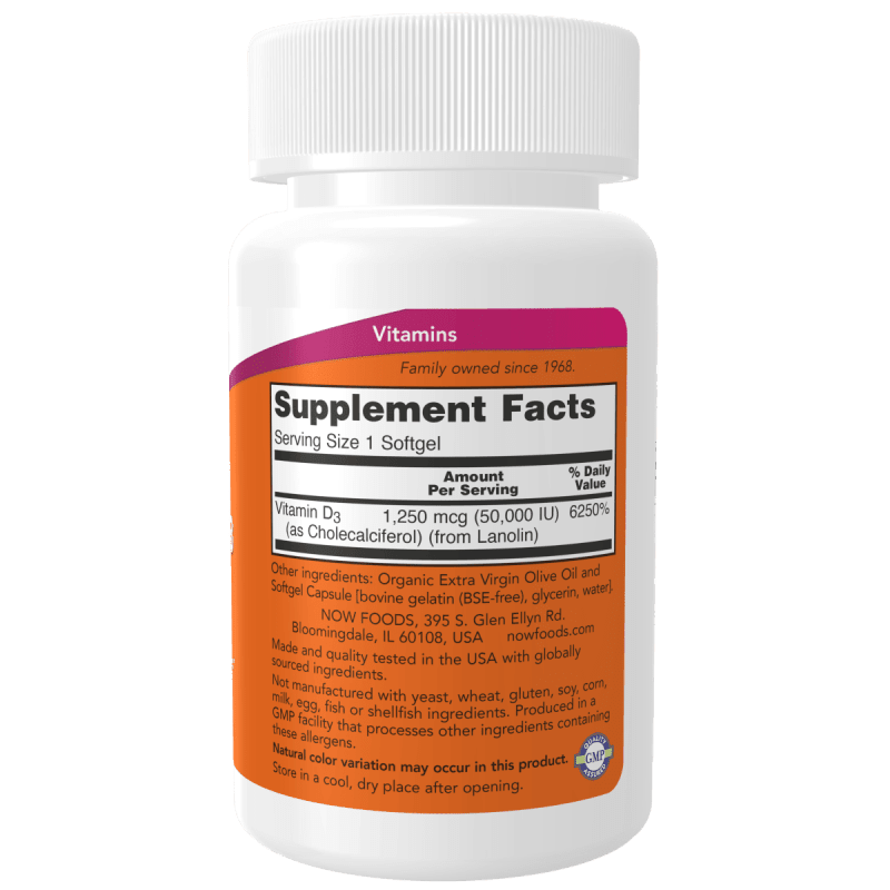 NOW SUPLEMENTOS Now Foods, Vitamina D-3 50,000 UI (50 softgels)