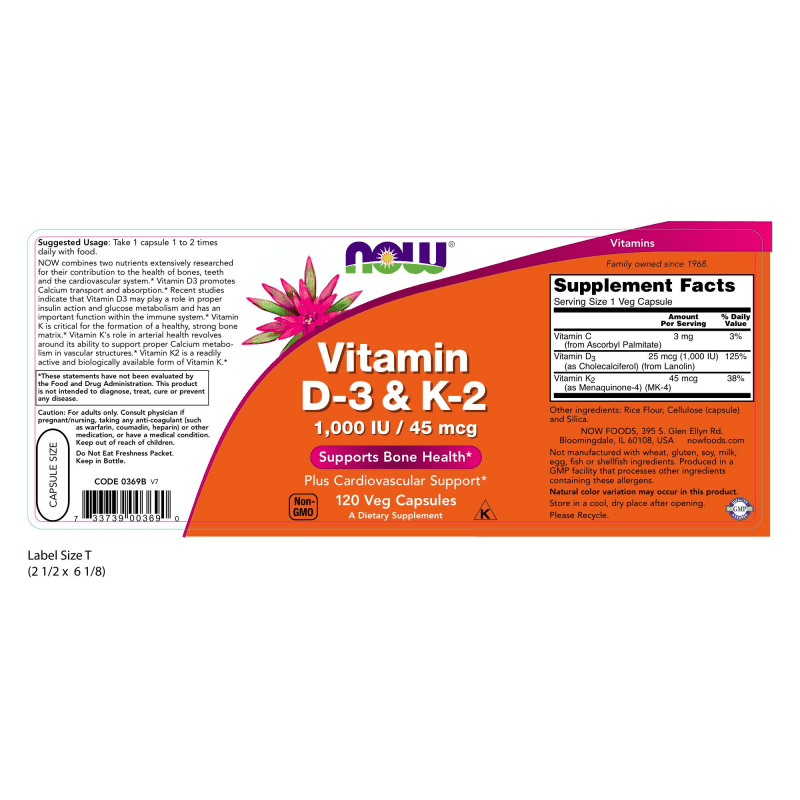 NOW SUPLEMENTOS Now Foods, Vitamina D-3 K-2 1,000 UI 45 mcg (120 cápsulas)