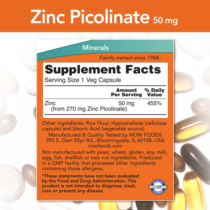 NOW SUPLEMENTOS Now Foods, Zinc Picolinato 50 mg (60 cápsulas)