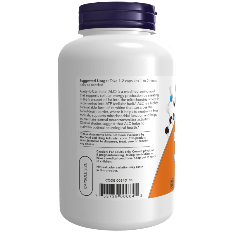 NOW SUPLEMENTO Now Foods, Acetil-L-Carnitina 500 mg (200 cápsulas)