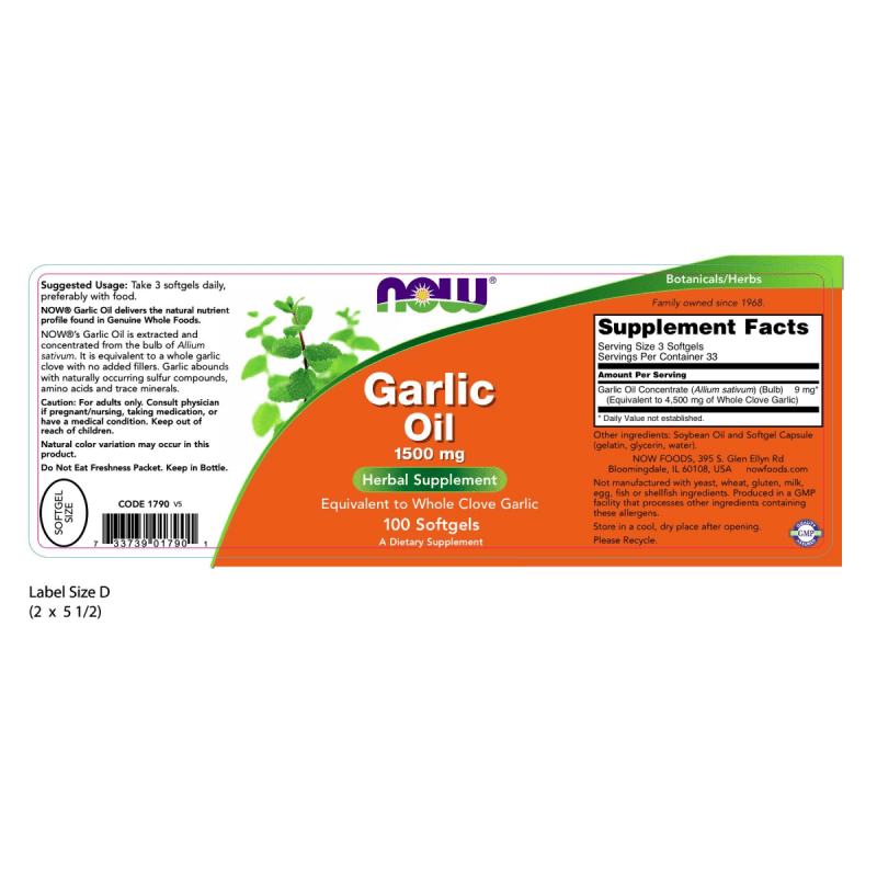 NOW SUPLEMENTOS Now Foods, Aceite de Ajo 1,500 mg (100 softgels)