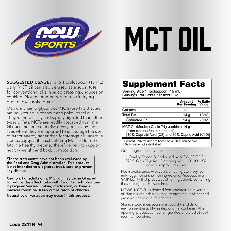NOW SUPLEMENTOS Now Foods, Aceite MCT 473 ml (32 porciones)