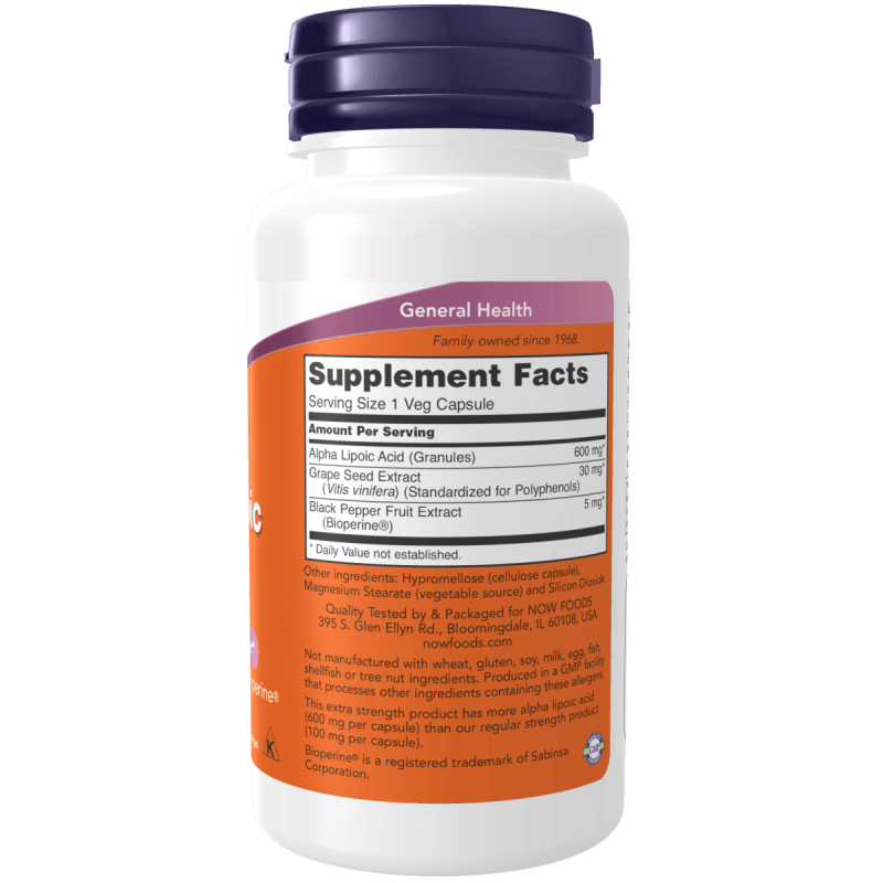 NOW SUPLEMENTOS Now Foods, Ácido Alfa Lipoico 600 mg (60 cápsulas)