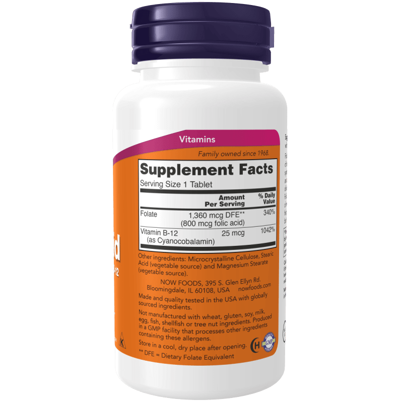 NOW SUPLEMENTOS Now Foods, Ácido Fólico con Vitamina B-12 800 mcg (250 tabletas)