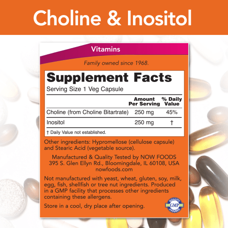 NOW SUPLEMENTOS Now Foods, Colina e Inositol 500 mg (100 cápsulas)